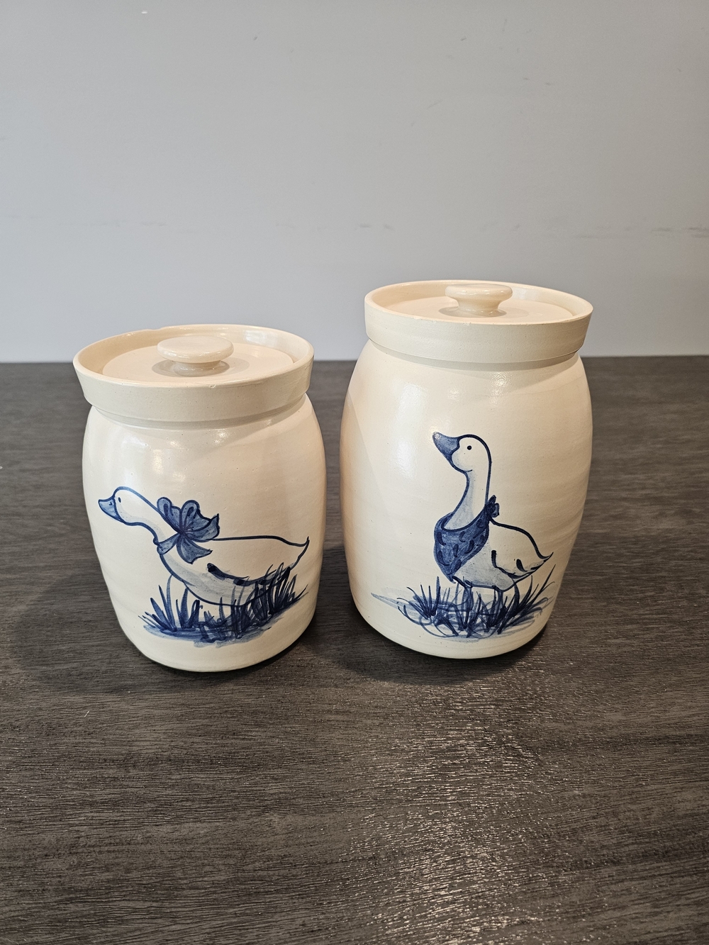 Vintage Marshall Pottery Hand-Painted Ceramic Goose Crock Set